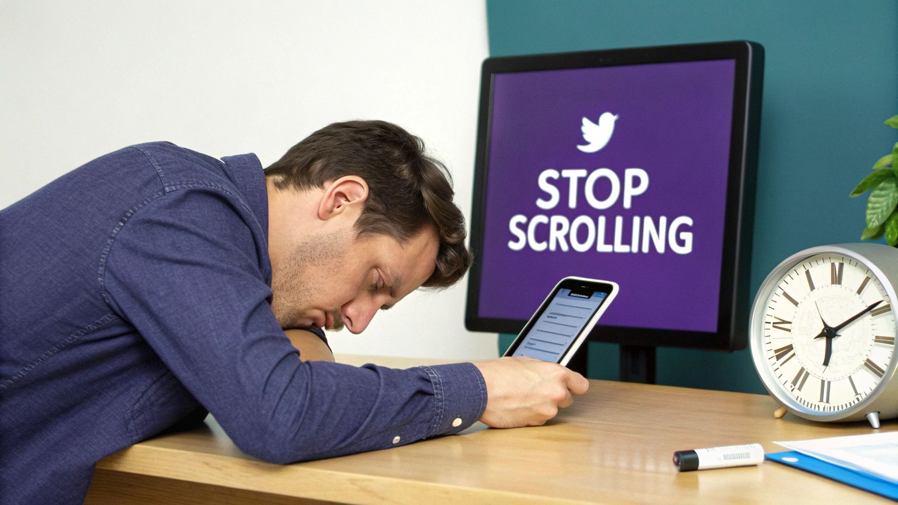 A man rests his head on a desk, scrolling on his phone, while a monitor displays 'STOP SCROLLING'.