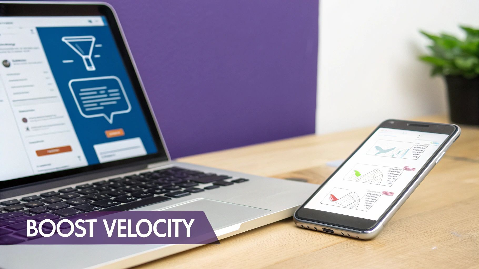 A laptop and smartphone on a desk showing a sales funnel and data visualizations for boosting velocity.
