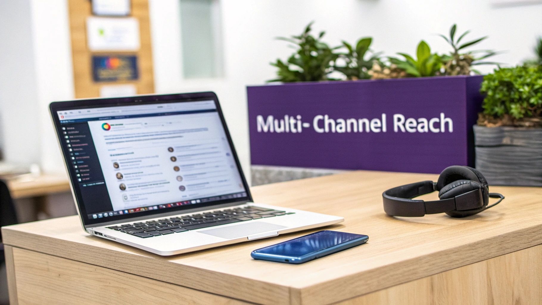 A laptop, smartphone, and headphones on a wooden desk with a 'Multi-Channel Reach' sign in an office.