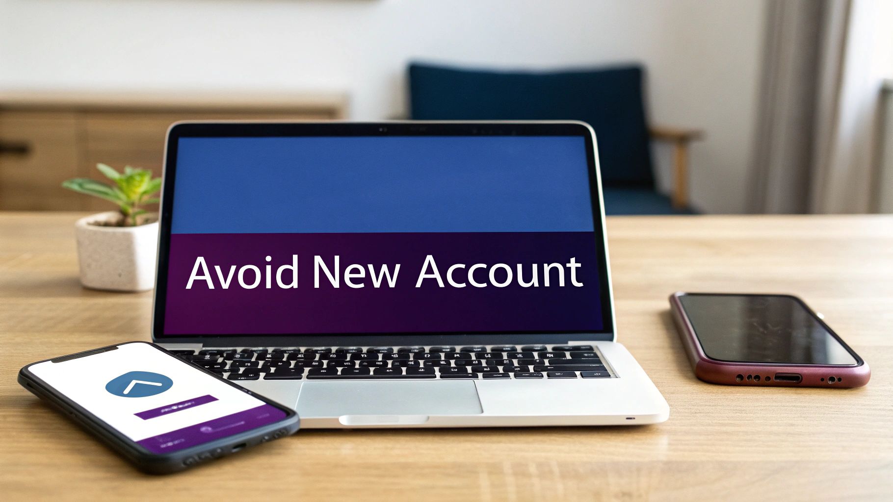 A laptop on a wooden desk displays 'Avoid New Account' next to two smartphones.