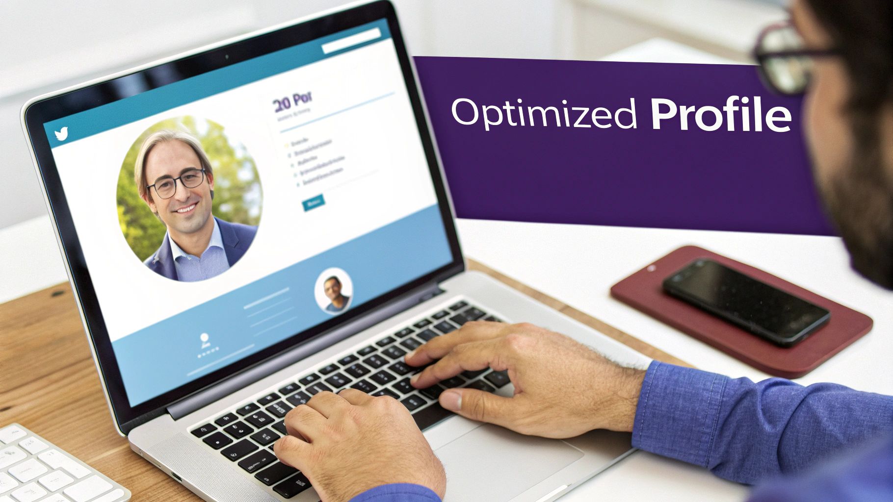 A professional Twitter profile on a smartphone screen showing a clear headshot, compelling bio, and engaging banner.