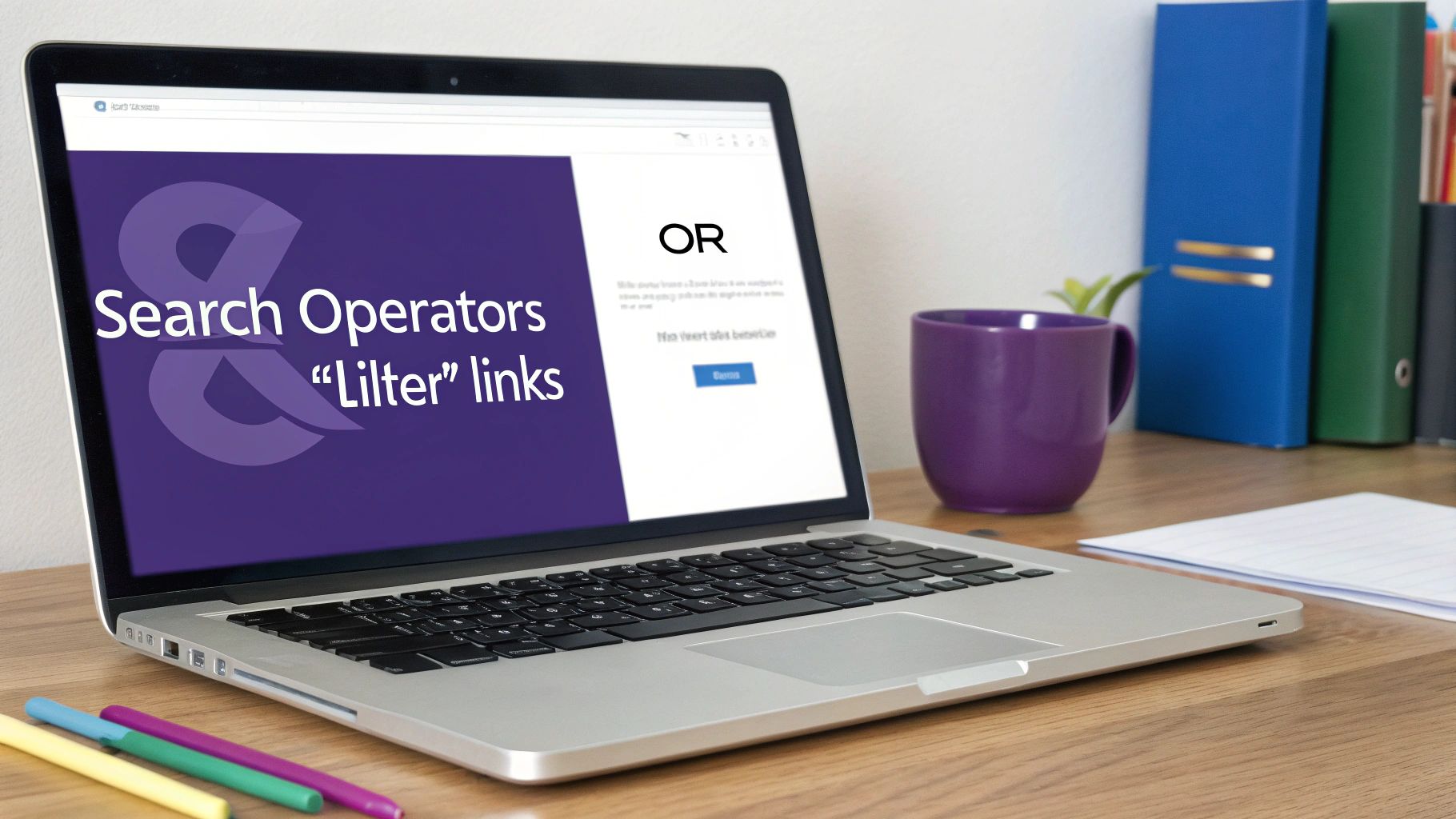 A laptop displaying 'Search Operators' on a screen, with a purple mug and pens on a wooden desk.