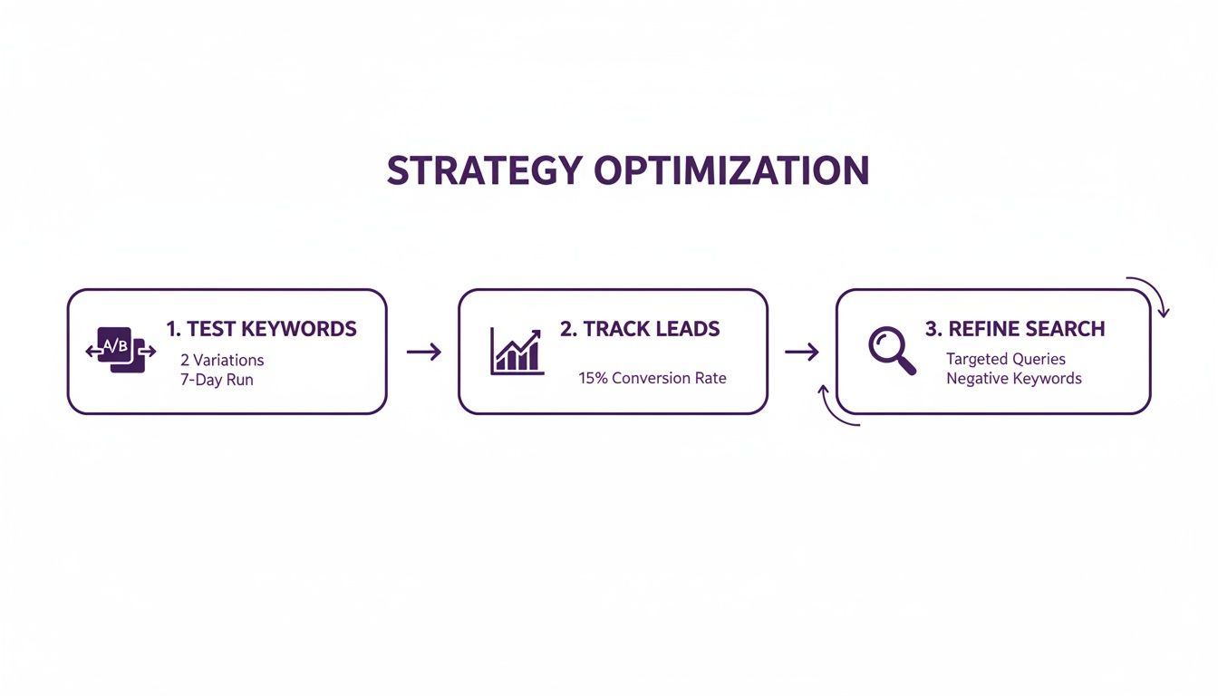 Flowchart detailing a strategy optimization process: test keywords, track leads, and refine search iteratively.
