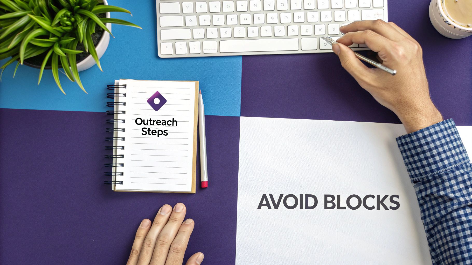 Person working at desk with keyboard, notebook labeled Outreach Steps, and Avoid Blocks document for planning outreach strategy