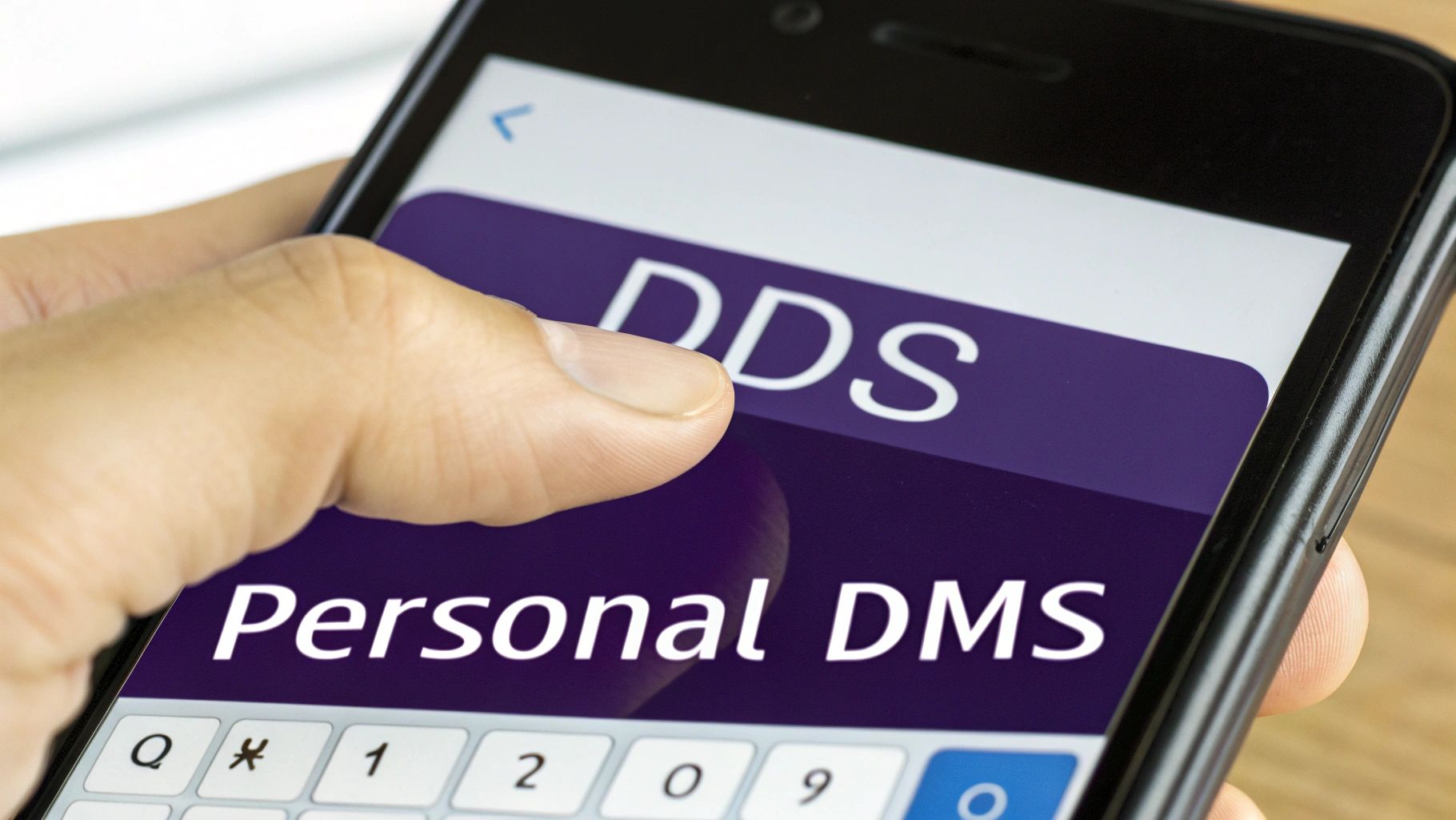 A hand holds a smartphone, displaying “DDS” and “Personal DMS” on a purple screen above a keyboard.