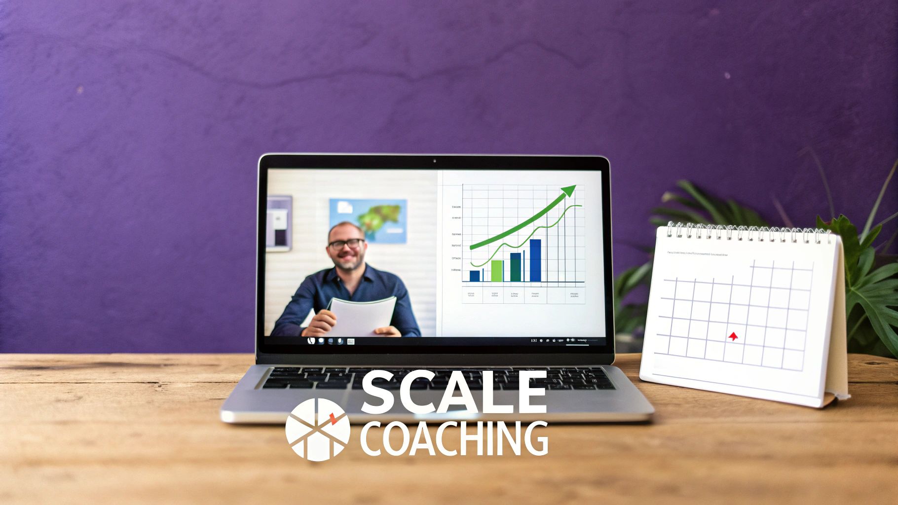 A coach working on a laptop, analyzing charts and data related to business scaling