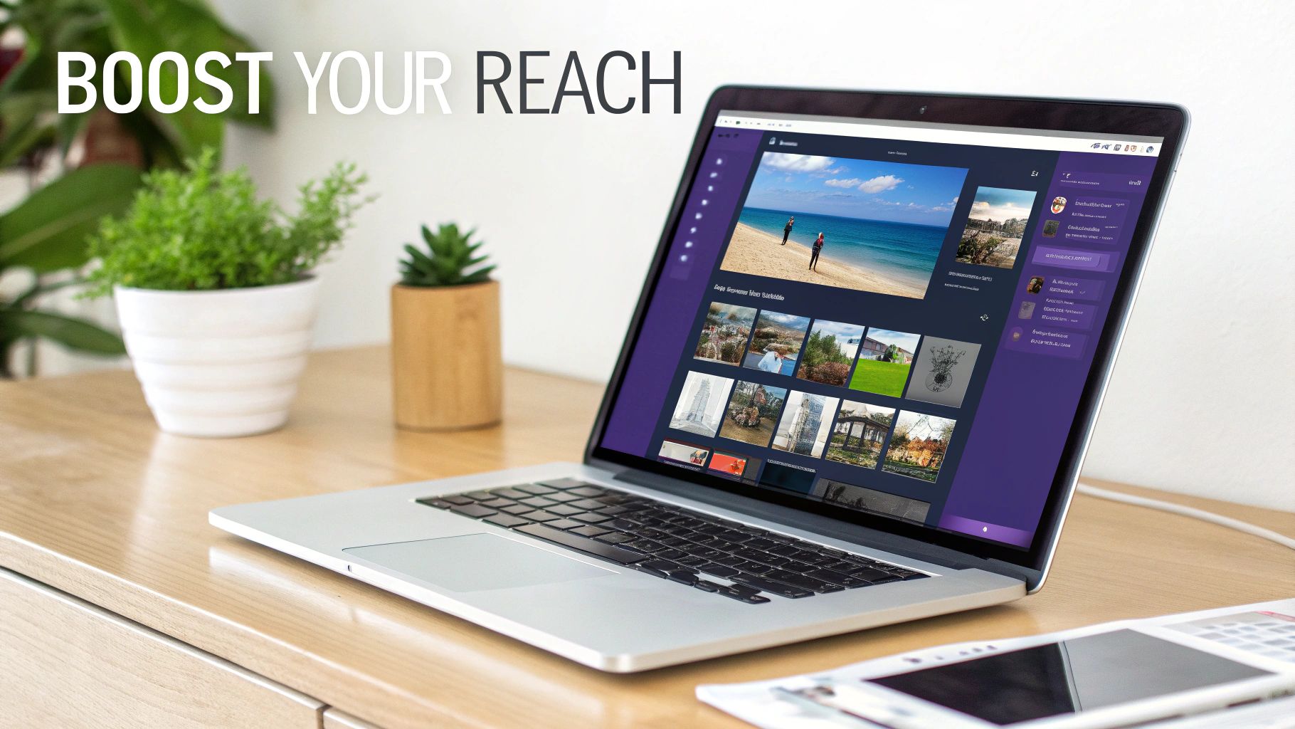 A laptop on a wooden desk displaying a social media interface with photos. Large text 'BOOST YOUR REACH' promotes digital growth.