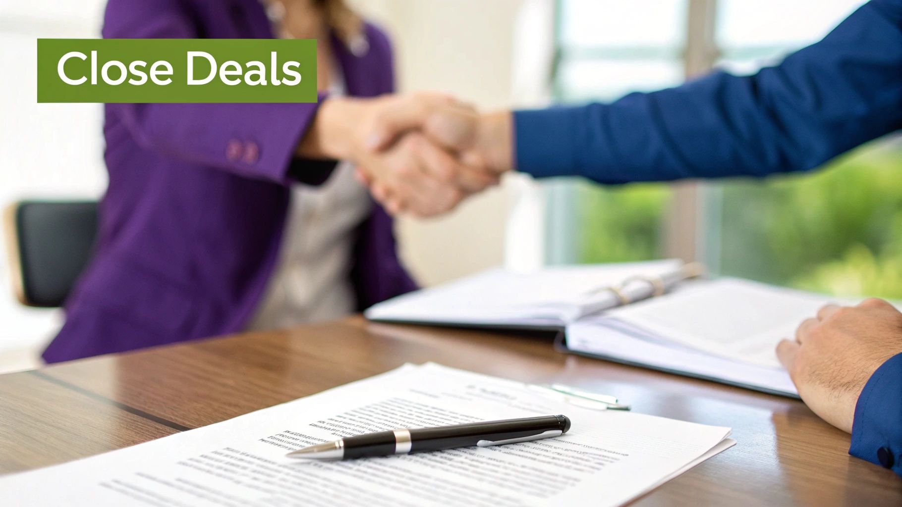 Two business professionals shaking hands over a conference table with documents, symbolizing closing a deal.