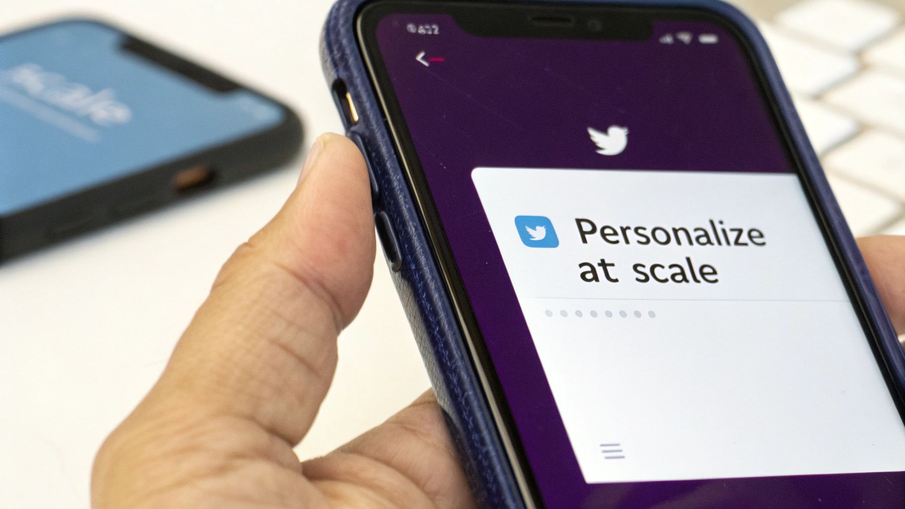 Close-up of a hand holding a phone displaying "Personalize at scale" on a Twitter screen.