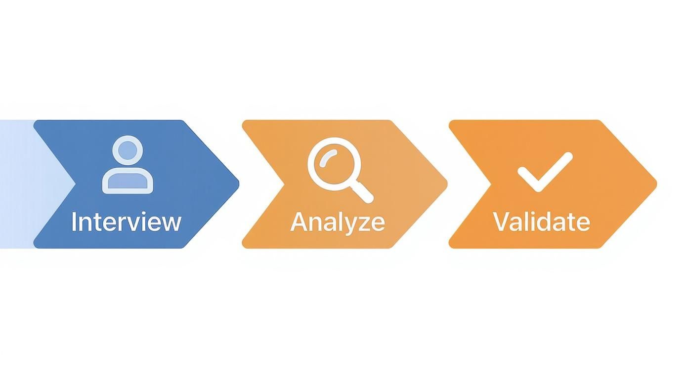 A three-step process diagram showing Interview, Analyze, and Validate stages with icons.