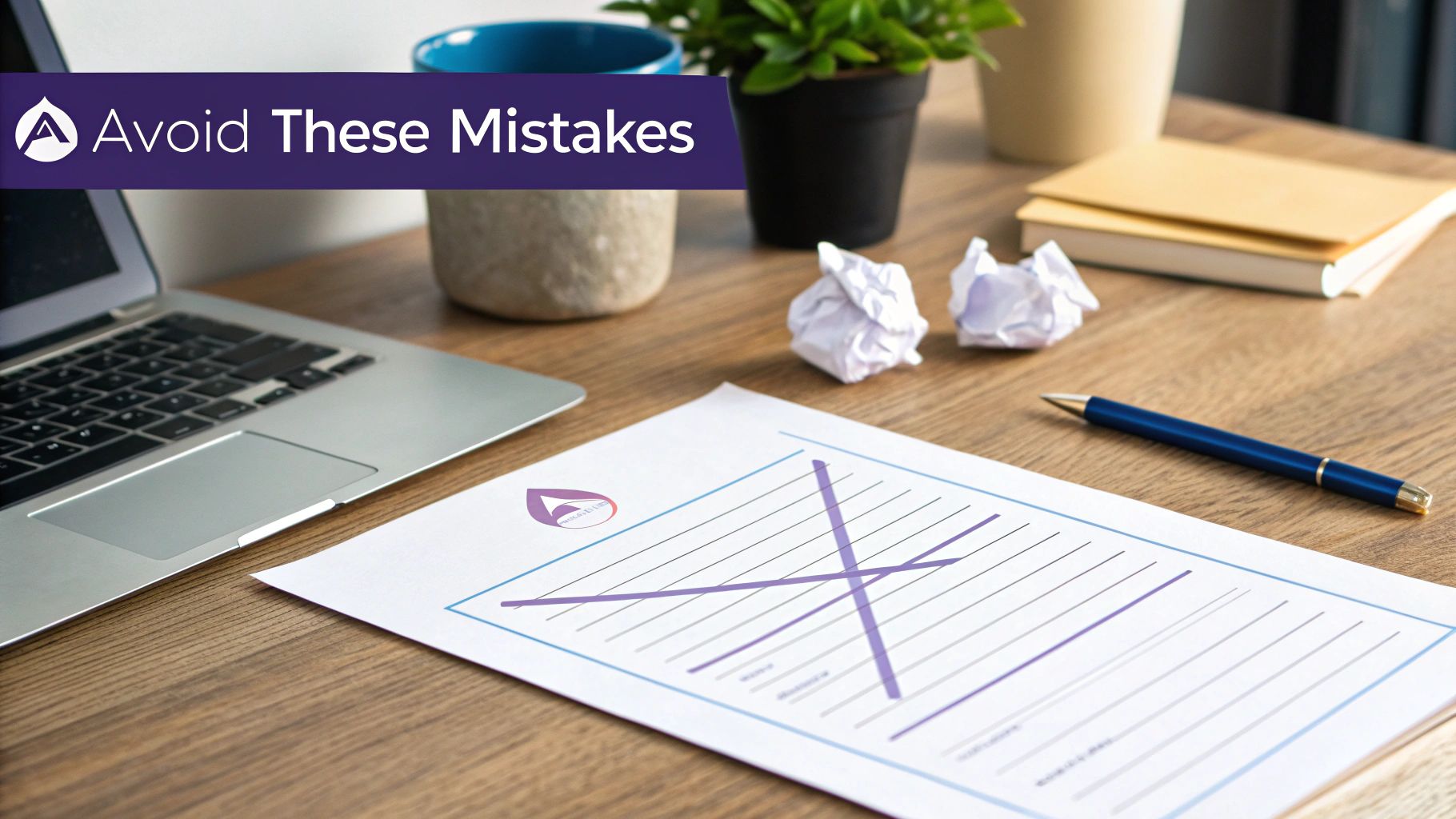 A desk with a laptop, crumpled papers, and a document with crossed-out lines, labeled 'Avoid These Mistakes'.