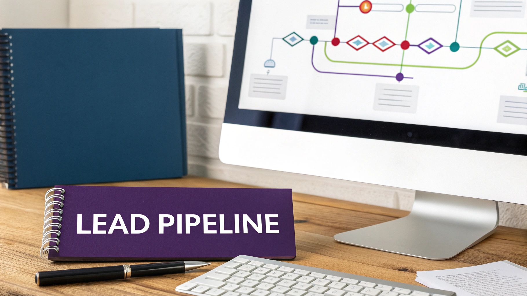 A desk setup with a computer showing a flowchart and a 'LEAD PIPELINE' notebook.