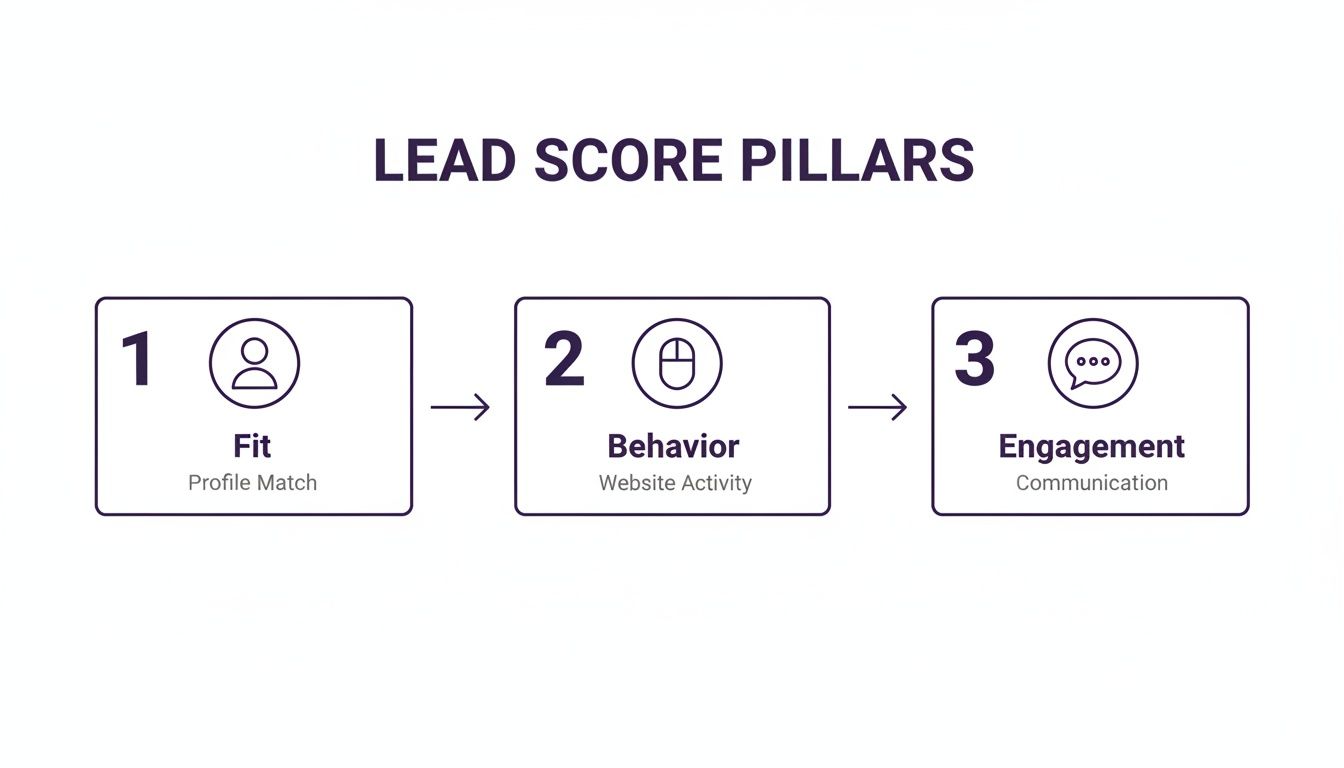 Diagram illustrating the three lead score pillars: Fit (Profile Match), Behavior (Website Activity), and Engagement (Communication).