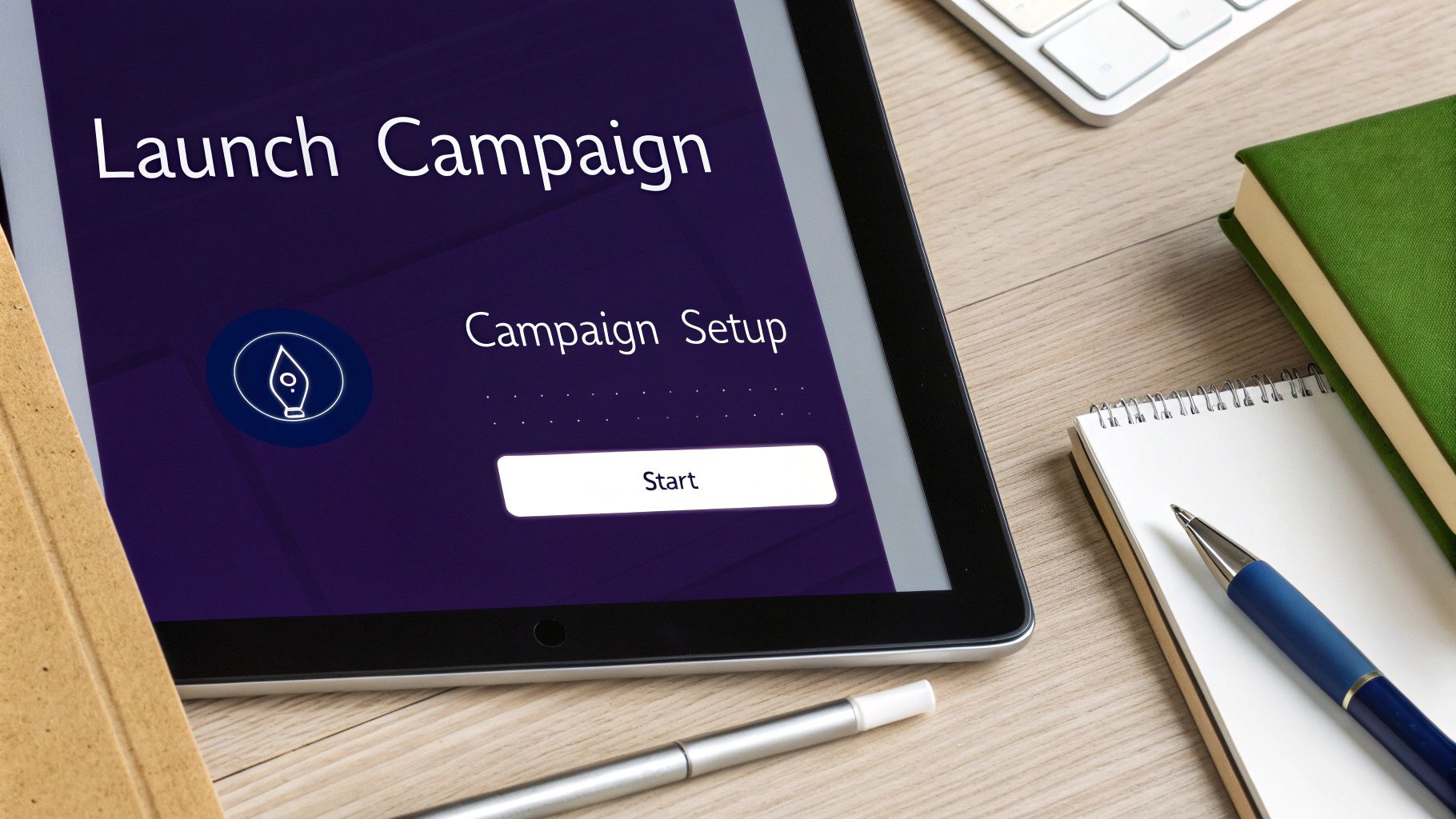 A tablet on a wooden desk shows a 'Launch Campaign' screen with a start button, alongside a notebook and pen.