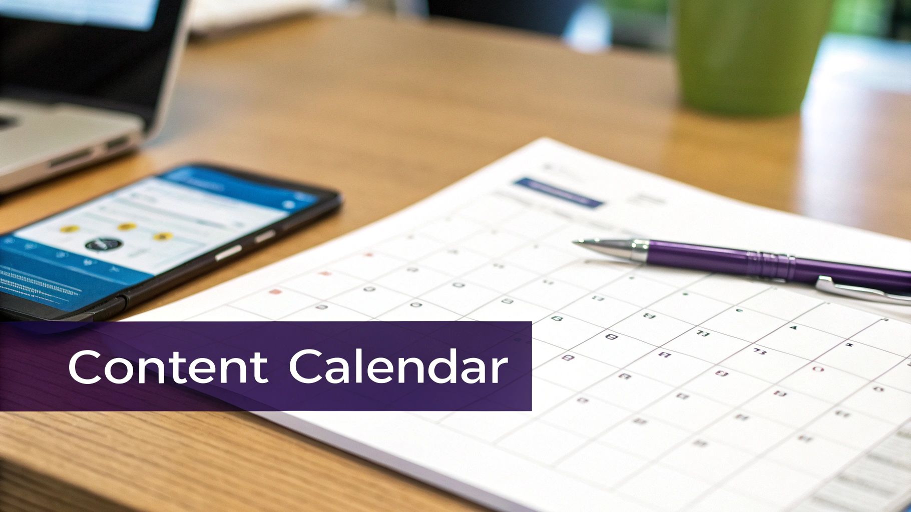 A desk scene with a laptop open to a content calendar, surrounded by notes and a cup of coffee, indicating planning.