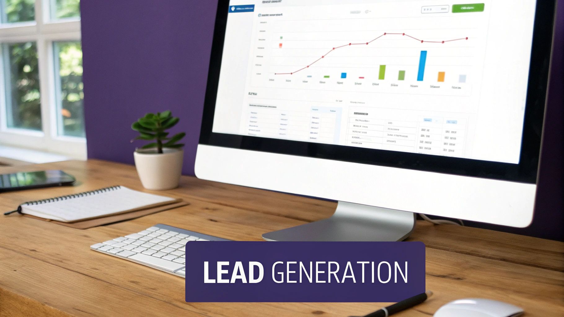 A computer screen shows lead generation analytics and charts on a desk with a keyboard, notebook, and plant.