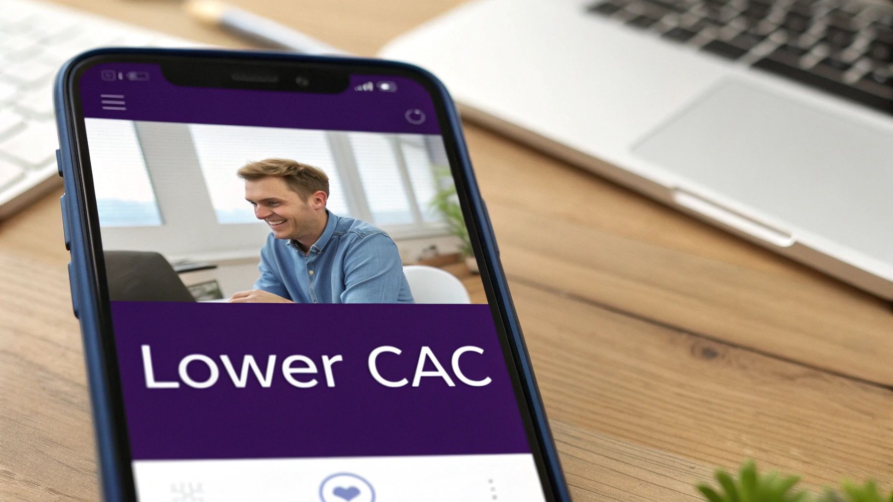 Smartphone displaying a smiling man on a video call and text 'Lower CAC' on a wooden desk.