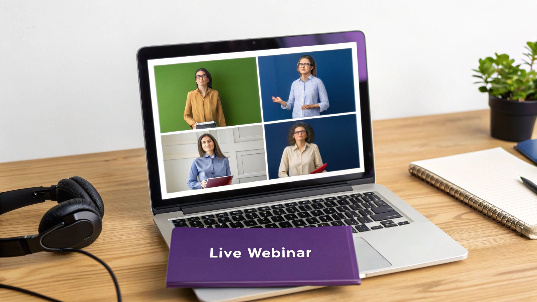 Laptop displays a live webinar video conference with four participants, a booklet, headphones, and notepad.