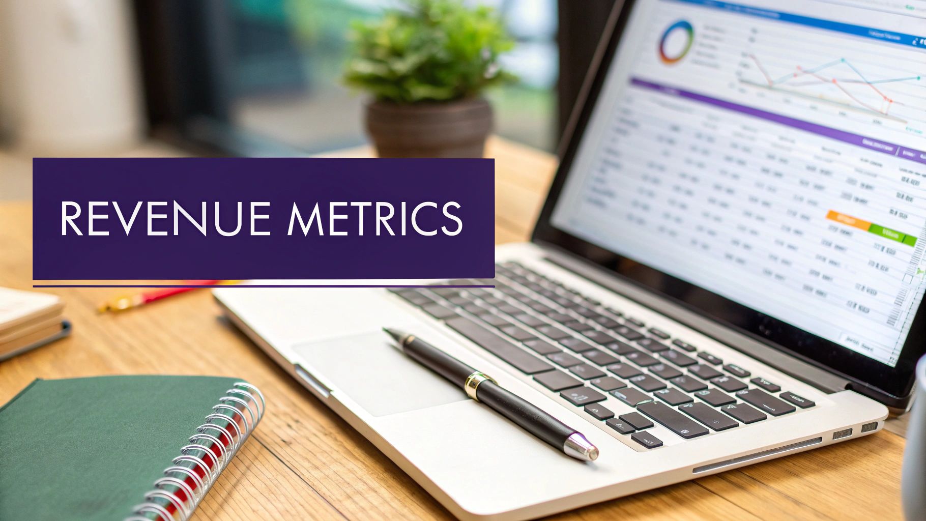 A laptop displaying revenue metrics and financial data on a desk with a notebook and pen.
