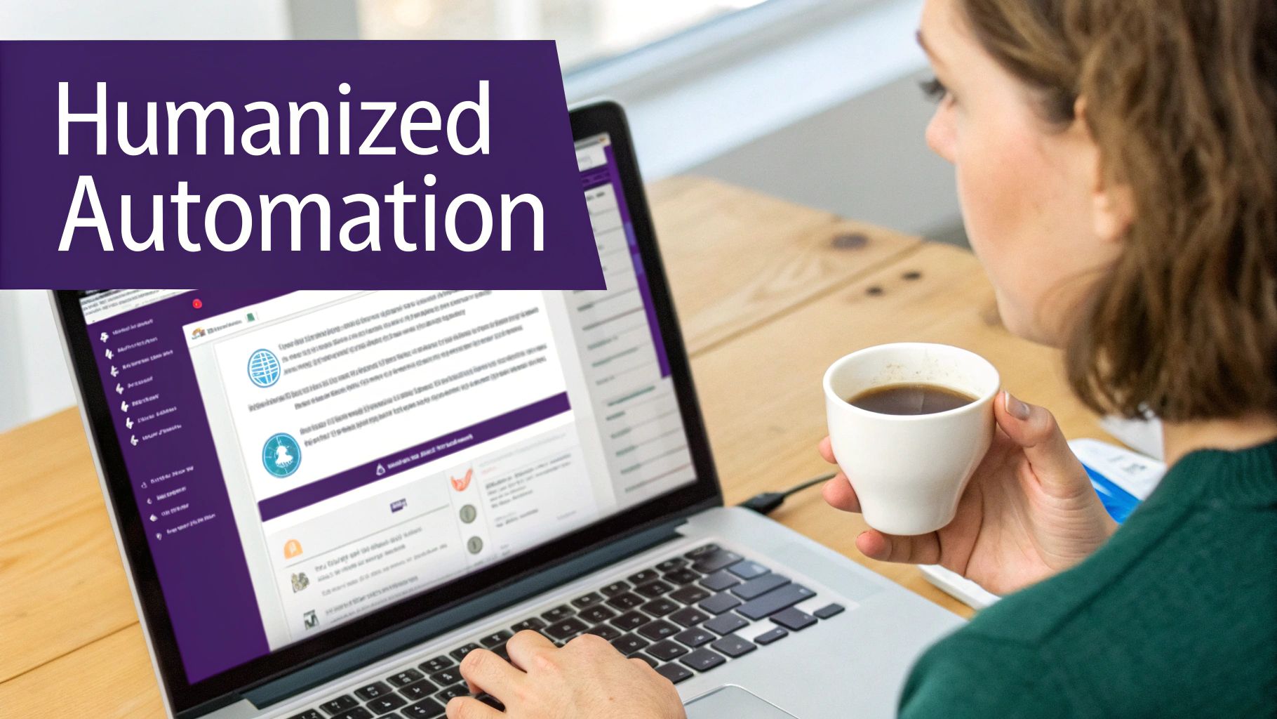 A person works on a laptop with a coffee cup, next to a banner about "Humanized Automation."