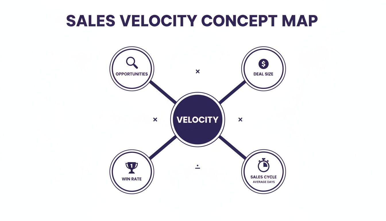 Sales Velocity concept map detailing its formula with factors: opportunities, deal size, win rate, and sales cycle.