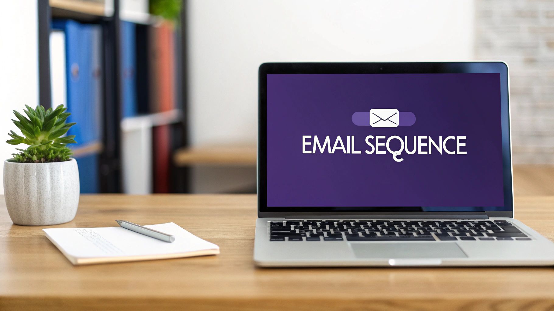Laptop screen displays 'EMAIL SEQUENCE' with an email icon, next to a plant and notebook on a wooden desk.