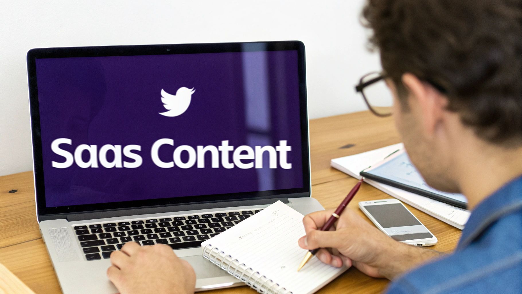 A person writing content on a laptop with charts and graphs in the background, symbolizing a strategic approach to content creation for lead generation.