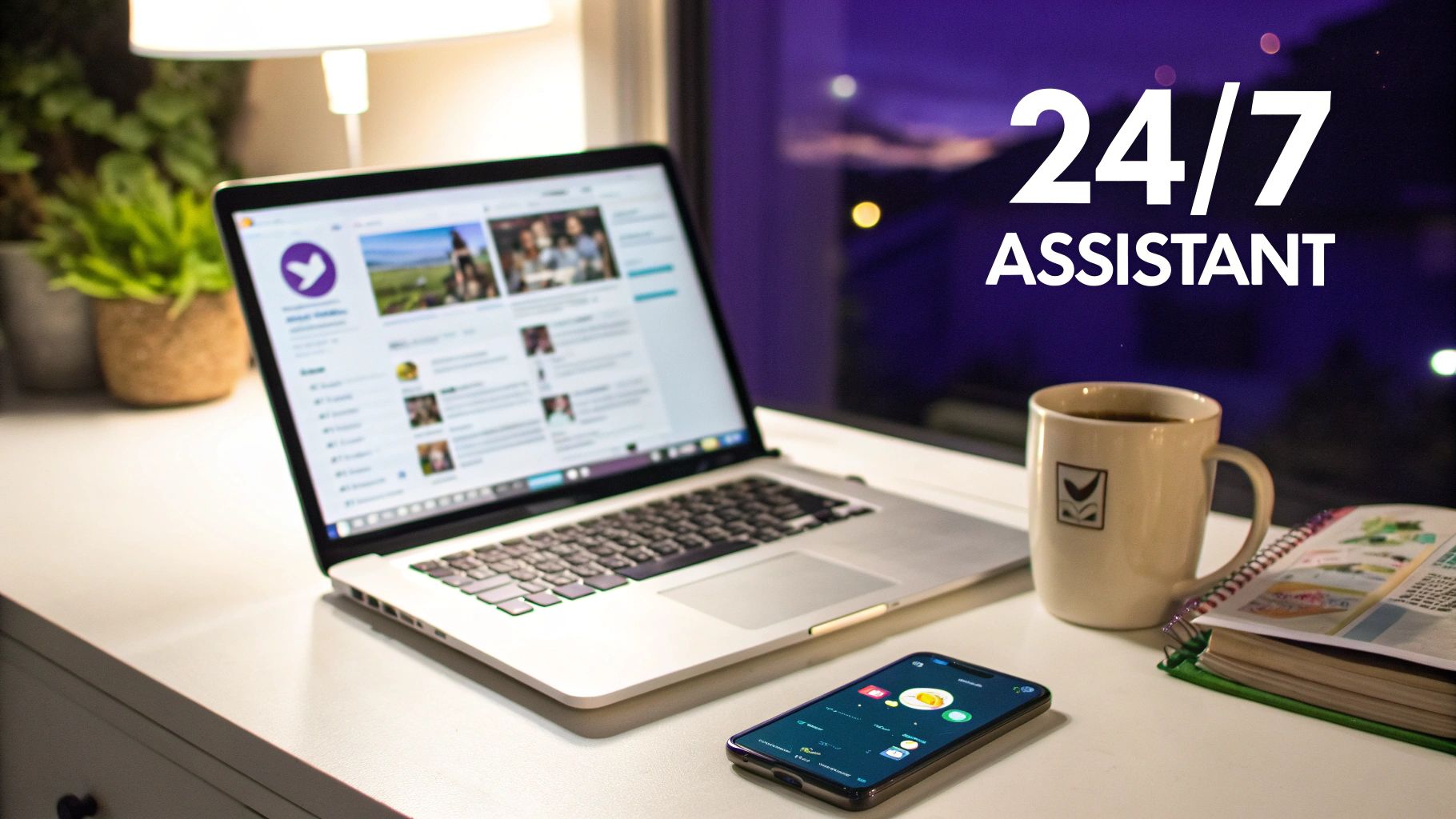 A laptop displaying Twitter, a smartphone, coffee mug, and notebook on a desk with '24/7 ASSISTANT' text.