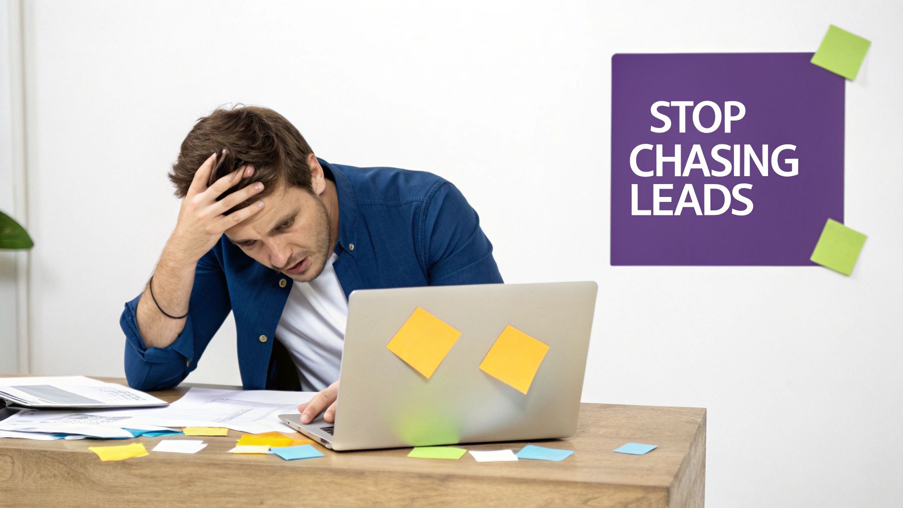 A stressed man at his desk with a laptop and papers, a sign reads "STOP CHASING LEADS".