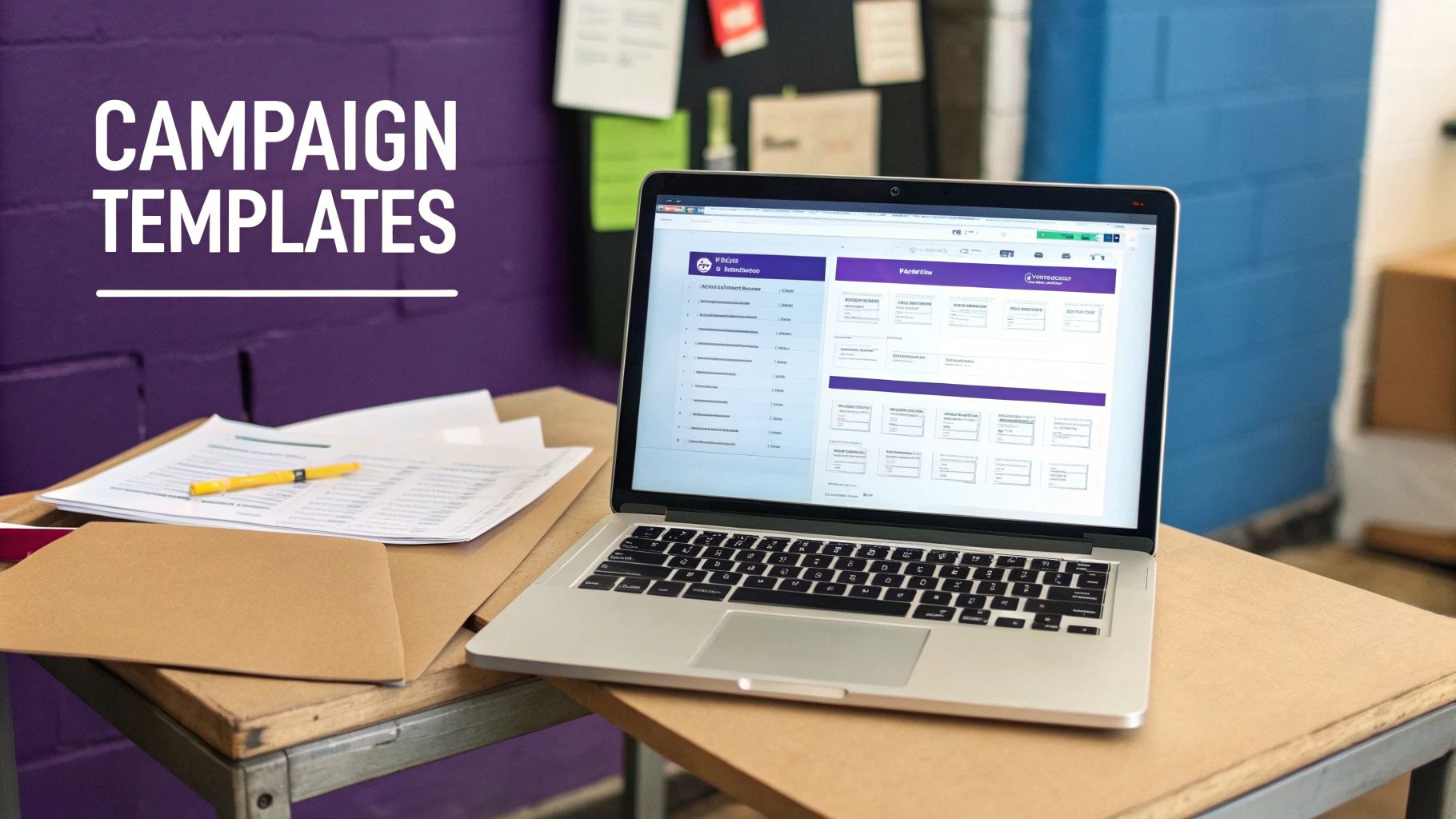 A laptop on a desk displaying campaign templates software, with documents and a pen beside it, against a purple wall.