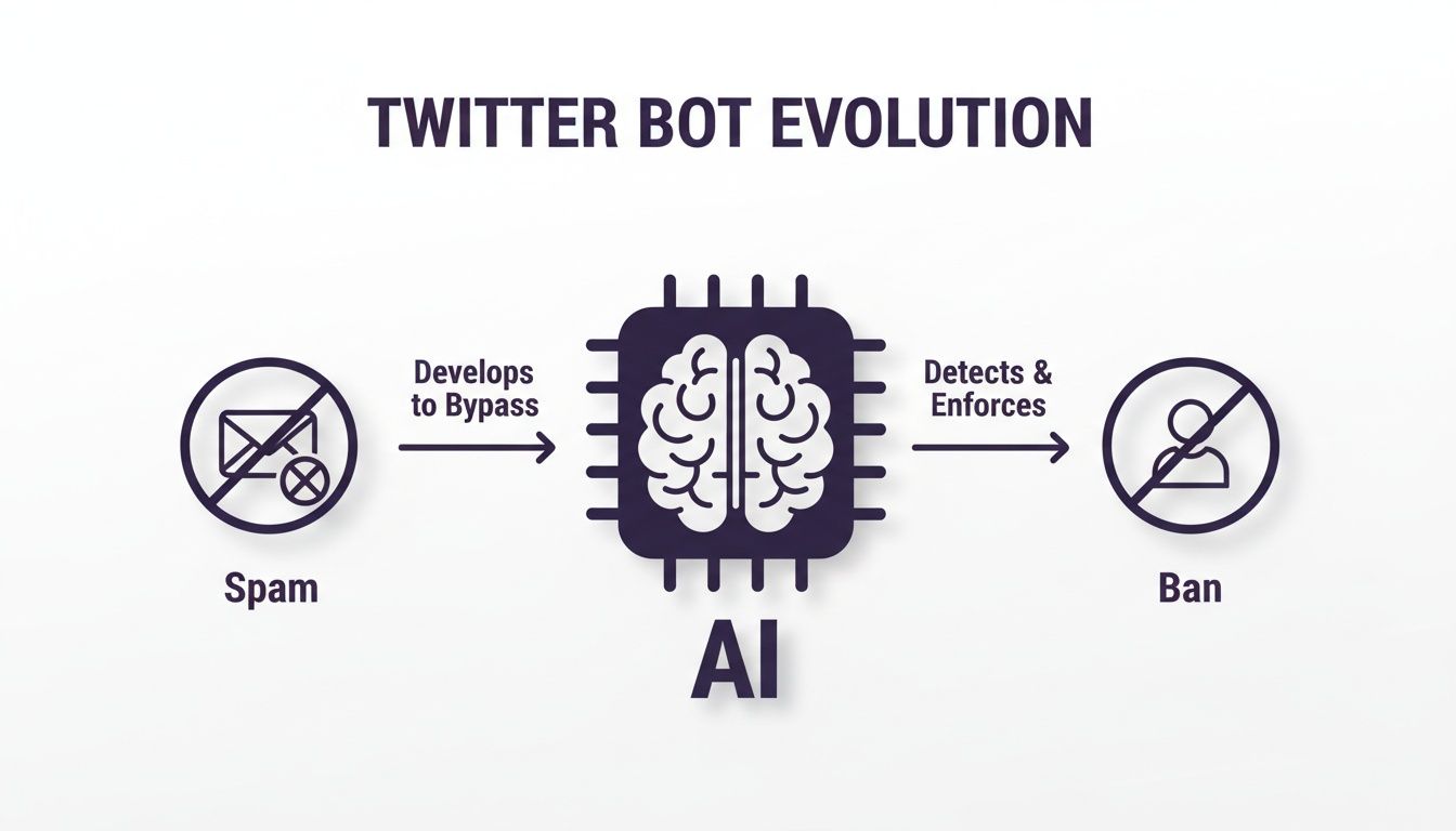 A diagram shows the Twitter bot evolution: spam develops to bypass AI, which detects and enforces bans.