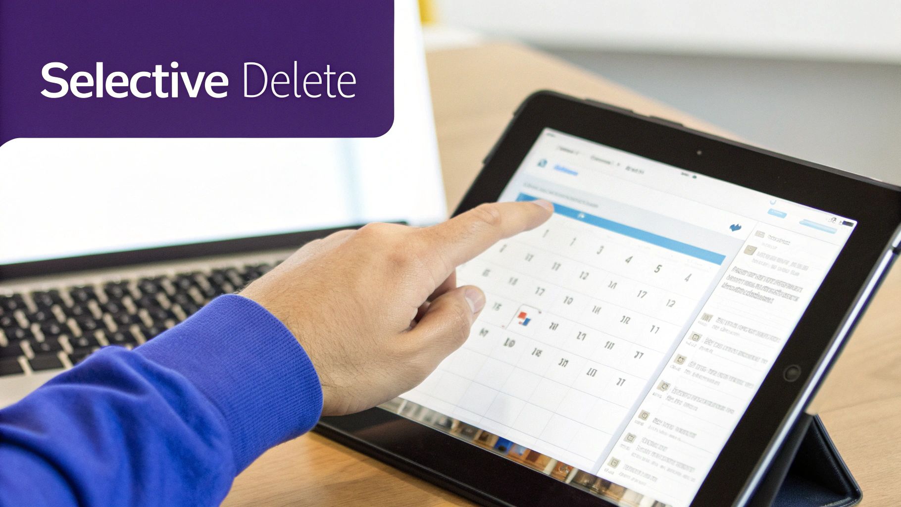 A magnifying glass inspects a series of profile icons, representing the choice of which tweets to delete.