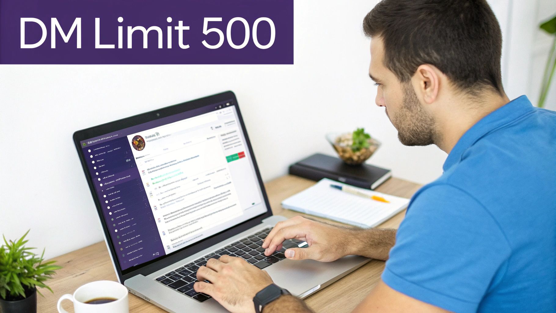 A person looking at a laptop screen displaying the X/Twitter logo and charts, representing DM limits.