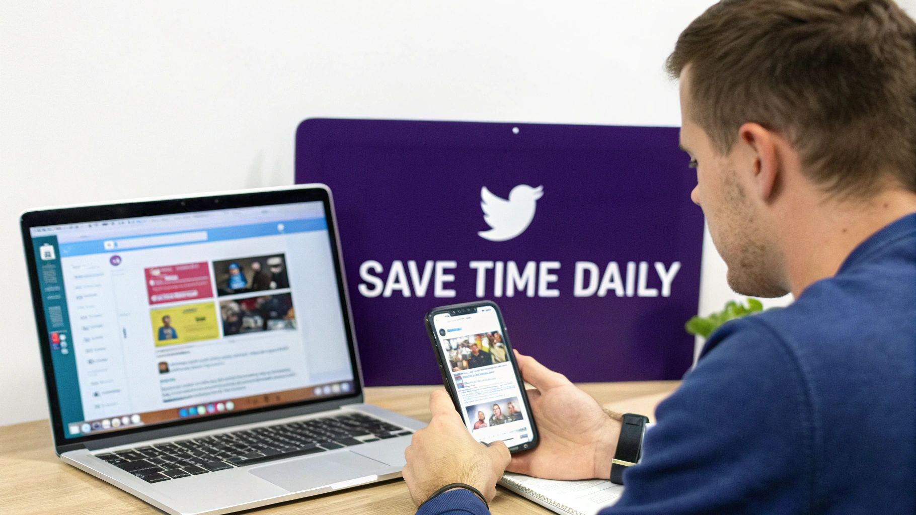 A person using a laptop with social media icons floating around it, symbolizing content scheduling.