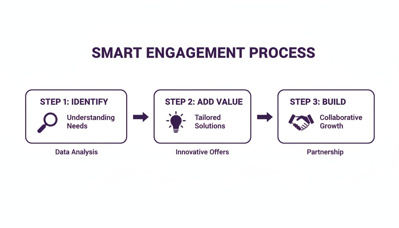 A three-step SMART engagement process showing steps to Identify, Add Value, and Build partnerships.