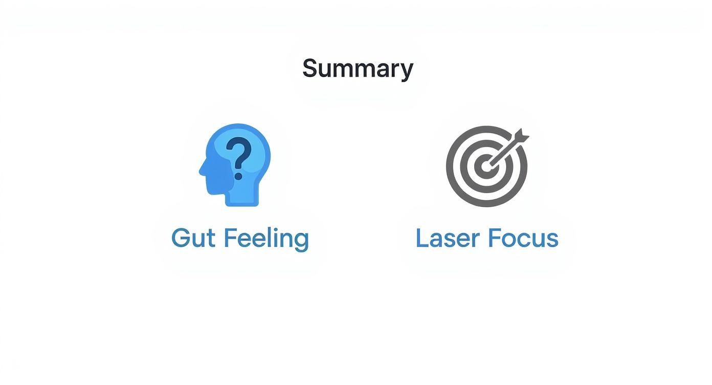 Summary slide presenting 'Gut Feeling' with a question mark icon and 'Laser Focus' with a target icon.