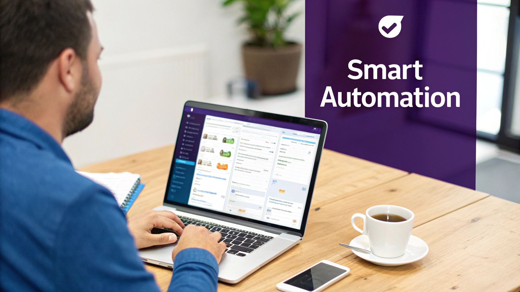 A person working on a laptop with charts and graphs in the background, representing strategic automation.