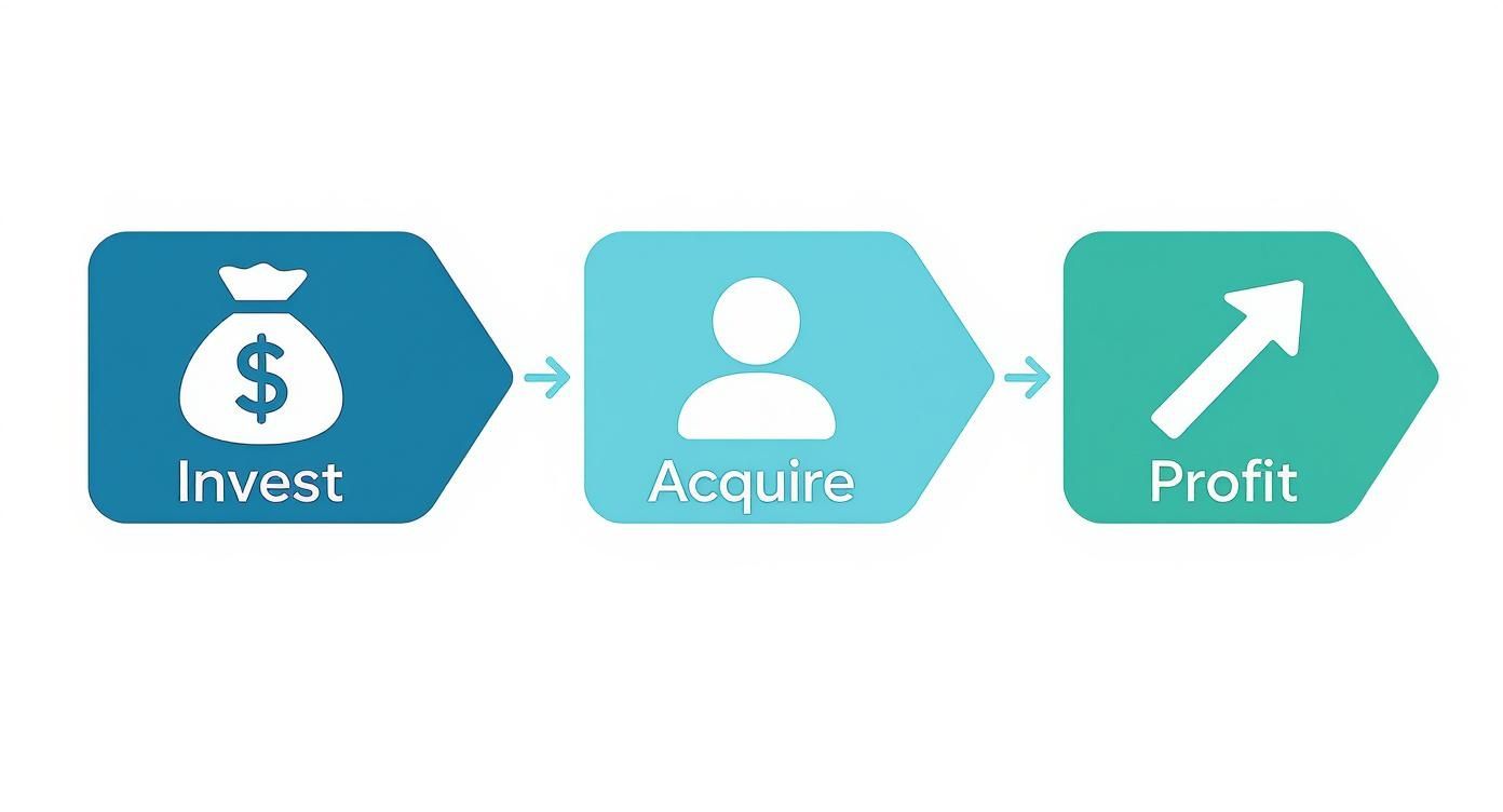 Flowchart illustrating three key business steps: Invest, Acquire, and Profit, showing a clear path to growth.