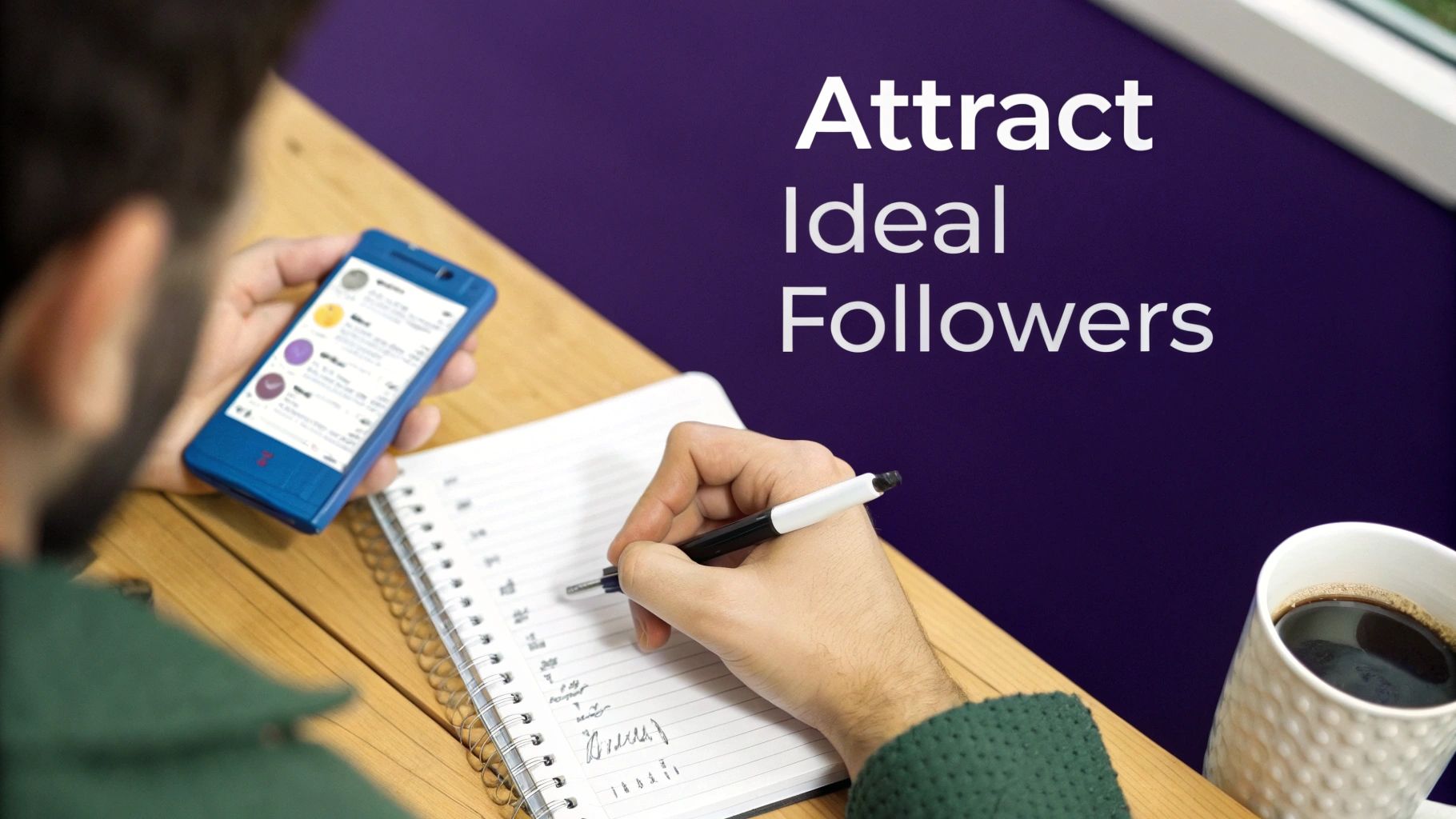 A person with a smartphone and notebook, planning to attract ideal followers on social media.