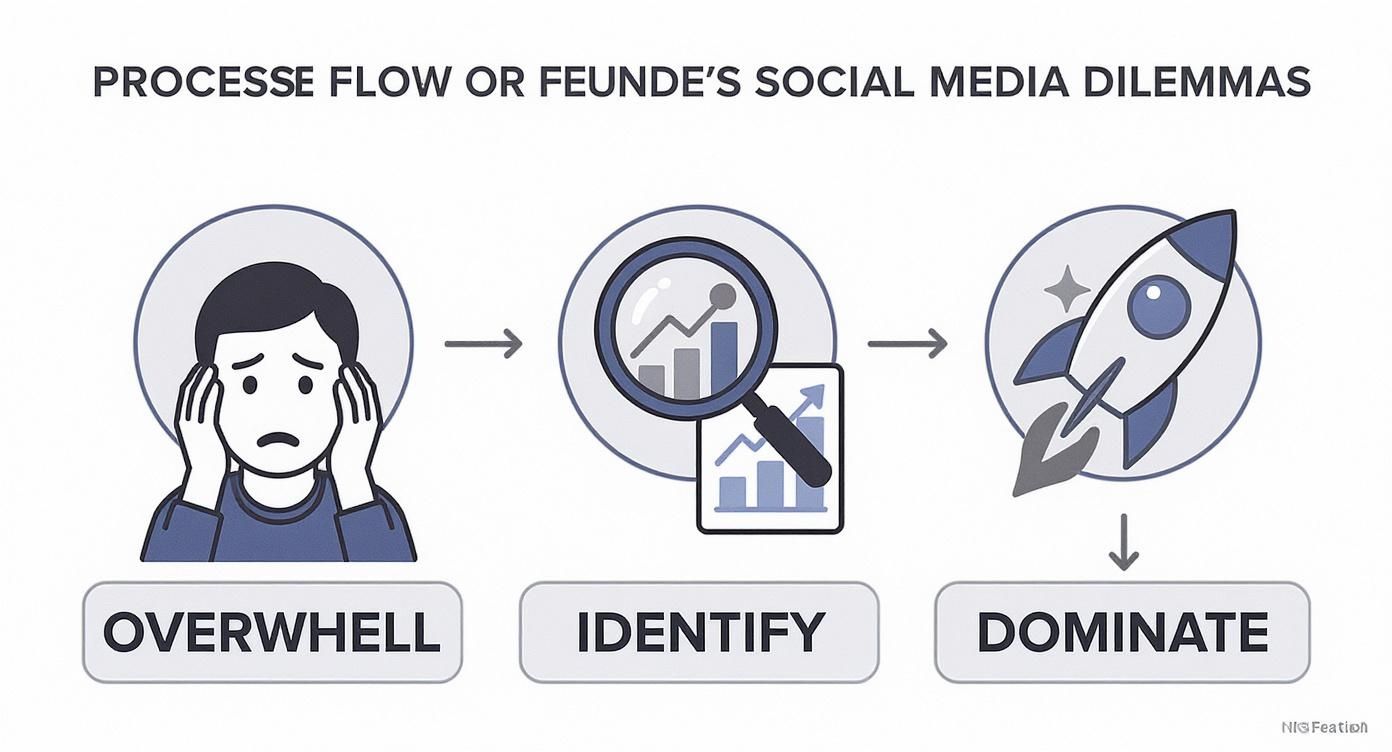 An infographic illustrating a three-step process to overcome social media dilemmas: Overwhelm, Identify, and Dominate.