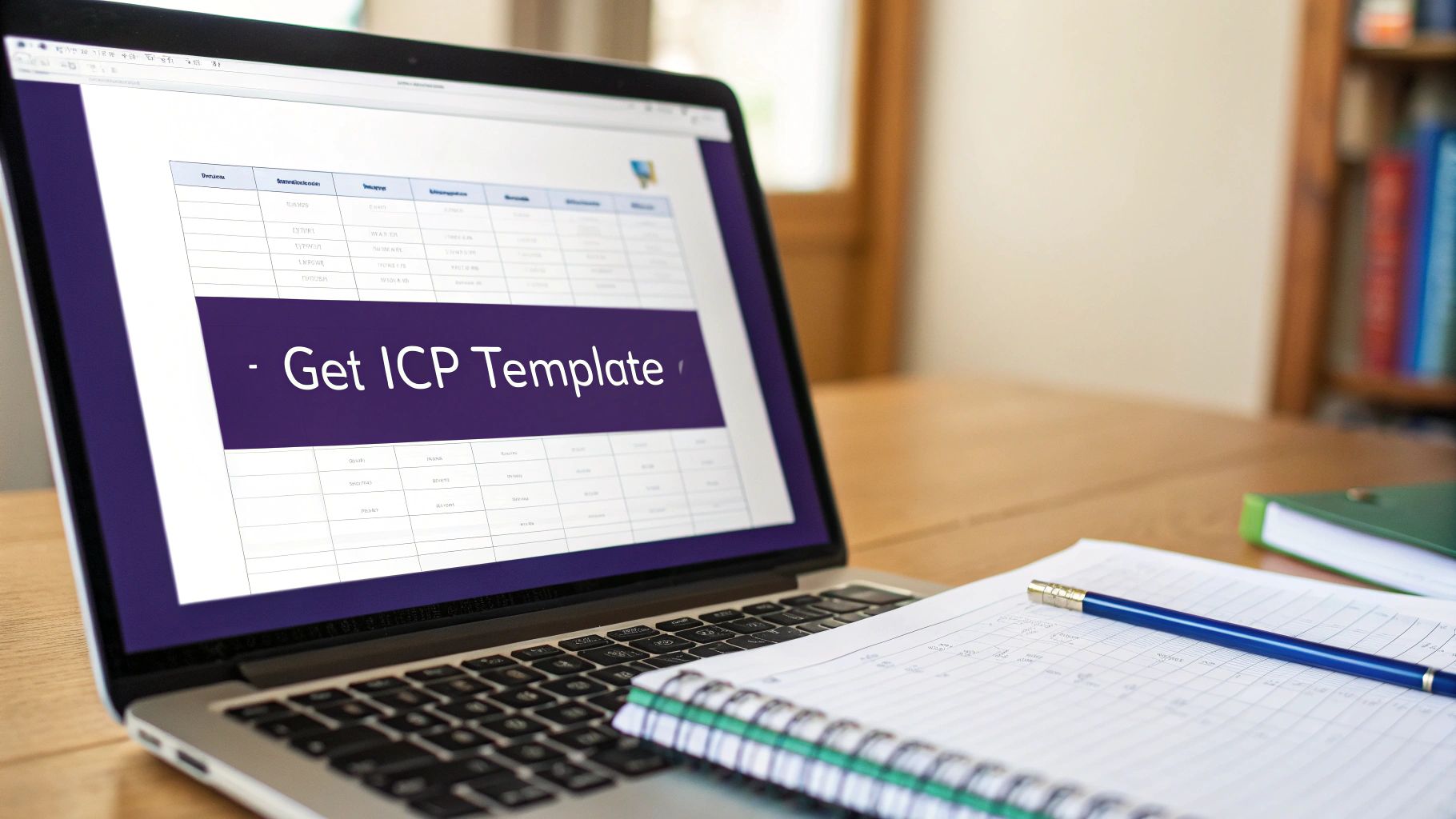 A laptop displaying an 'Ideal Customer Profile Template' spreadsheet, with a notebook and pen on a desk.