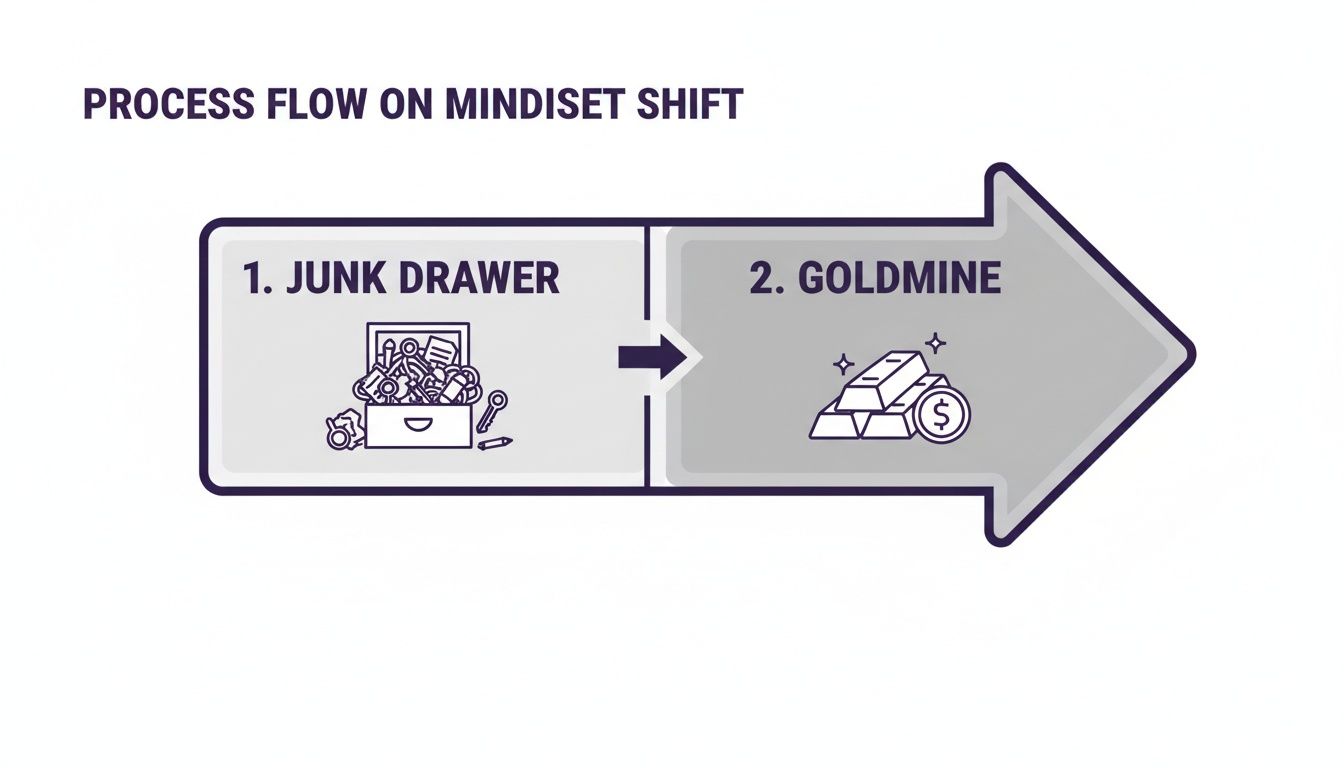 A process flow illustrating a mindset shift, moving from a 'junk drawer' to a 'goldmine'.