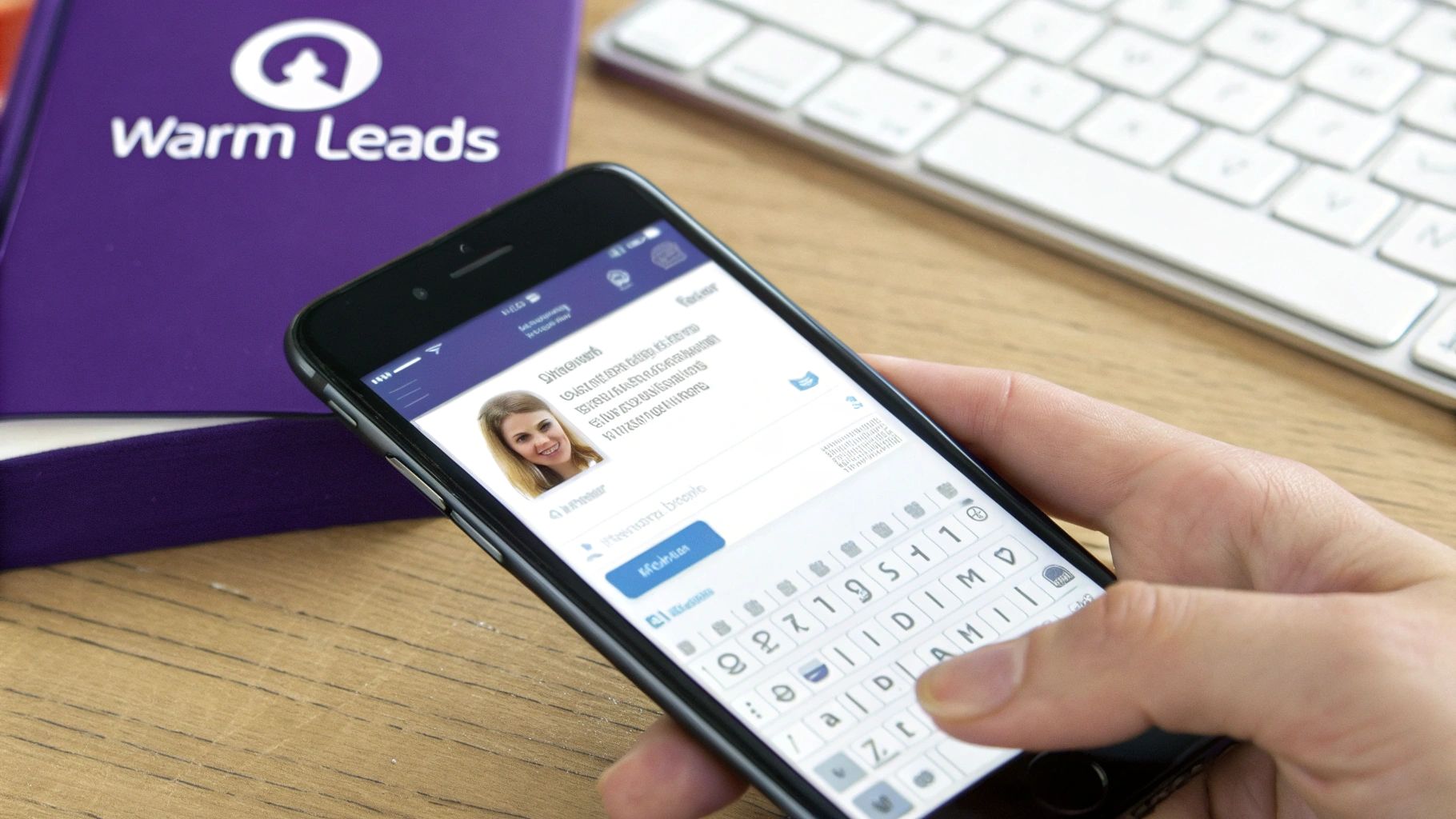 A person holds a smartphone showing a messaging app with a woman's profile, next to a 'Warm Leads' box.