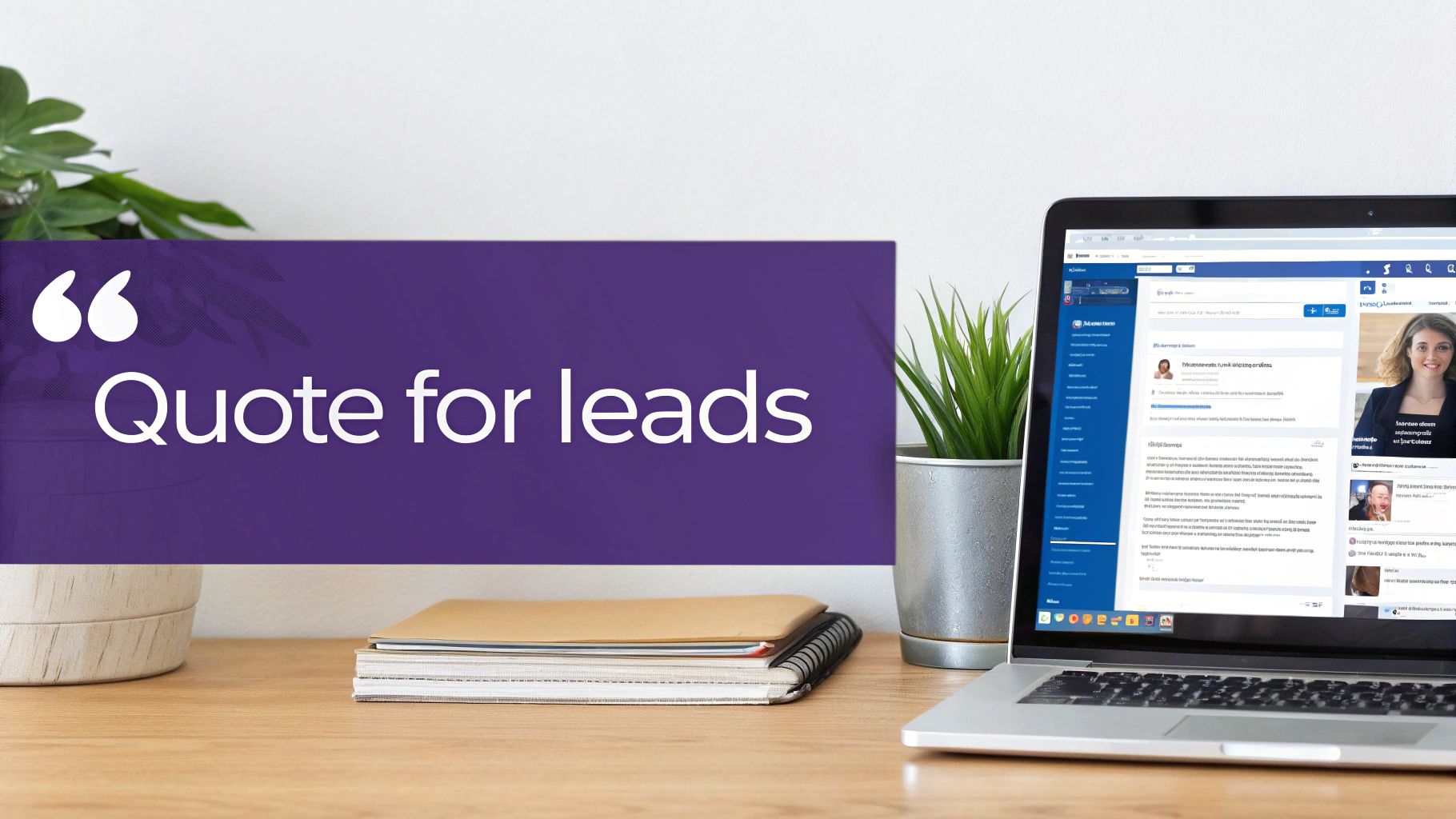 A purple screen showing 'Quote for leads' with a laptop and plants on a wooden desk.