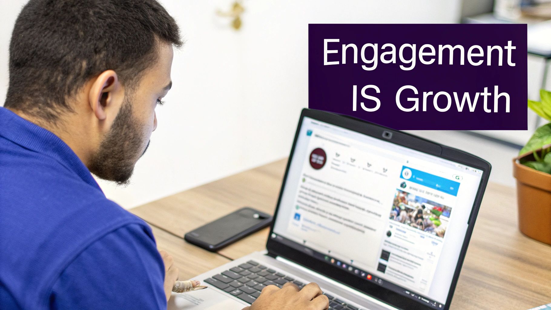 A person with a beard using a laptop, showing a social media feed and 'Engagement IS Growth' text.
