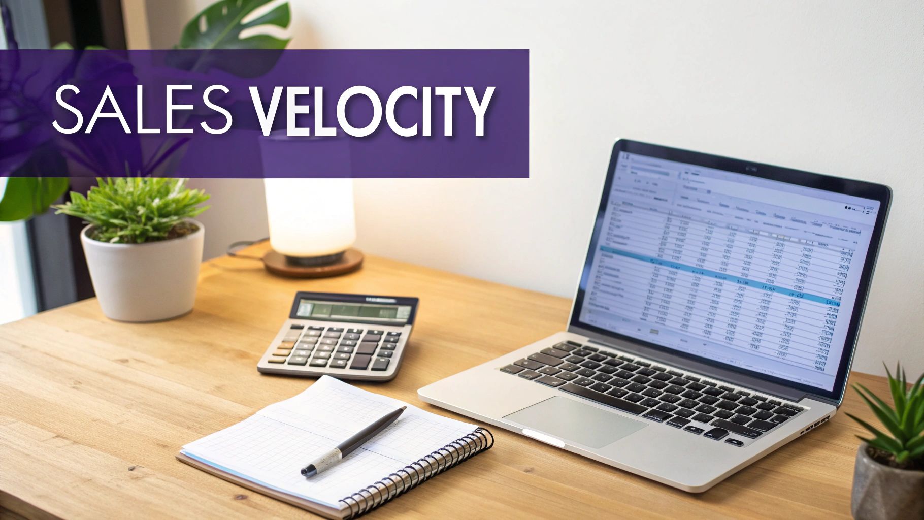 A desk with a laptop showing a spreadsheet, calculator, notebook, and 'SALES VELOCITY' banner.