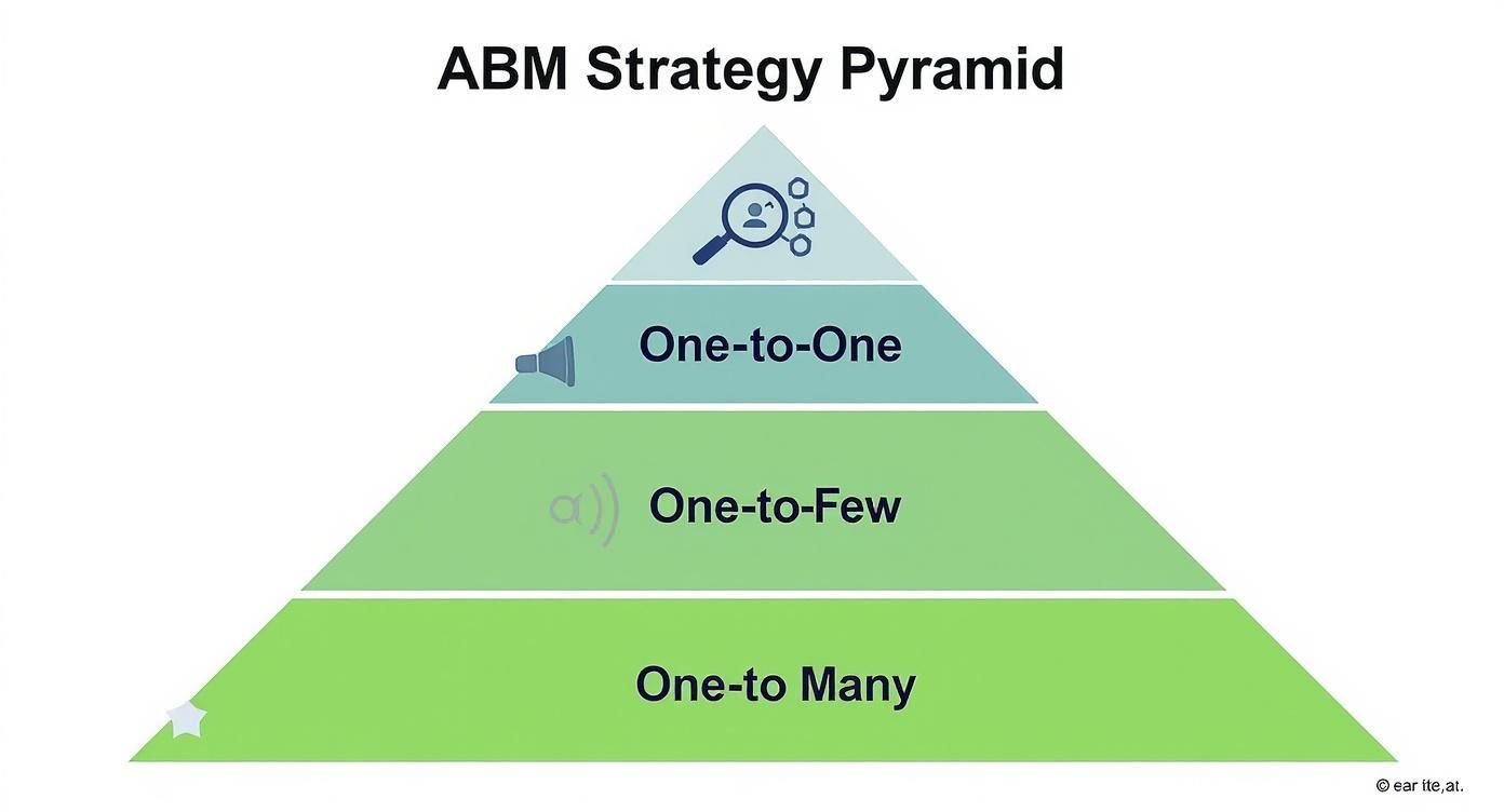 An ABM Strategy Pyramid showing One-to-One, One-to-Few, and One-to-Many marketing approaches.