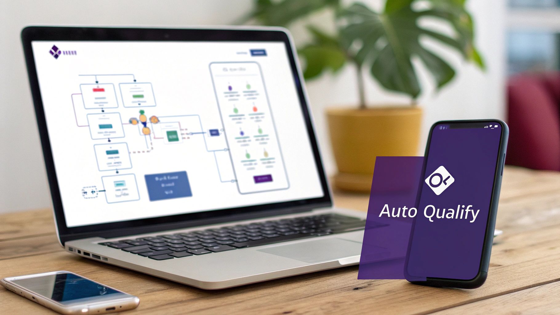 A laptop displaying a sales process flowchart next to a smartphone showing an 'Auto Qualify' app on a wooden desk.