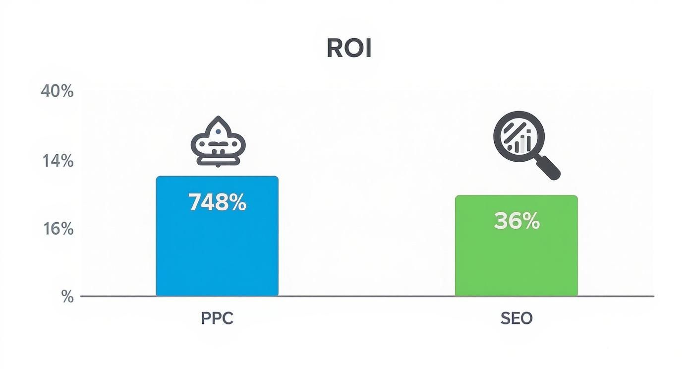 Infographic comparing the ROI of PPC (748%) and SEO (36%) for finding clients online