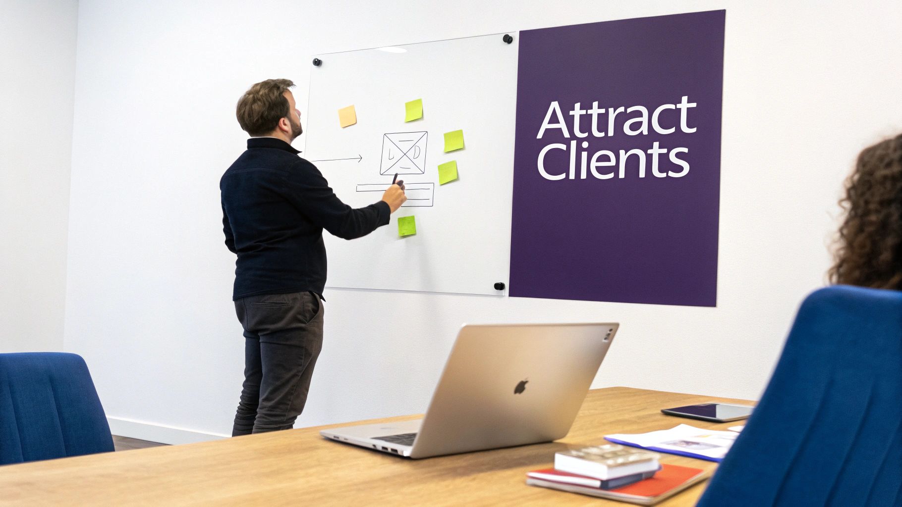 A man draws on a whiteboard with sticky notes next to a 'Attract Clients' sign, discussing strategies in a modern office.